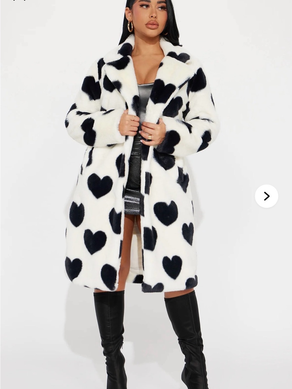 Fashion Nova White Faux Fur Coat with Black Heart Print